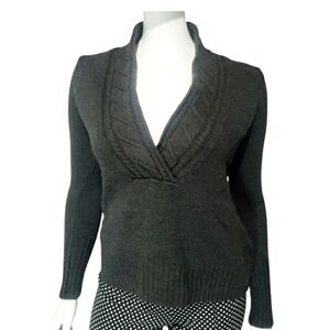 Vintage Eddie Bauer Sweater Womens Medium Gray 100% Wool Cable Knit V-Neck